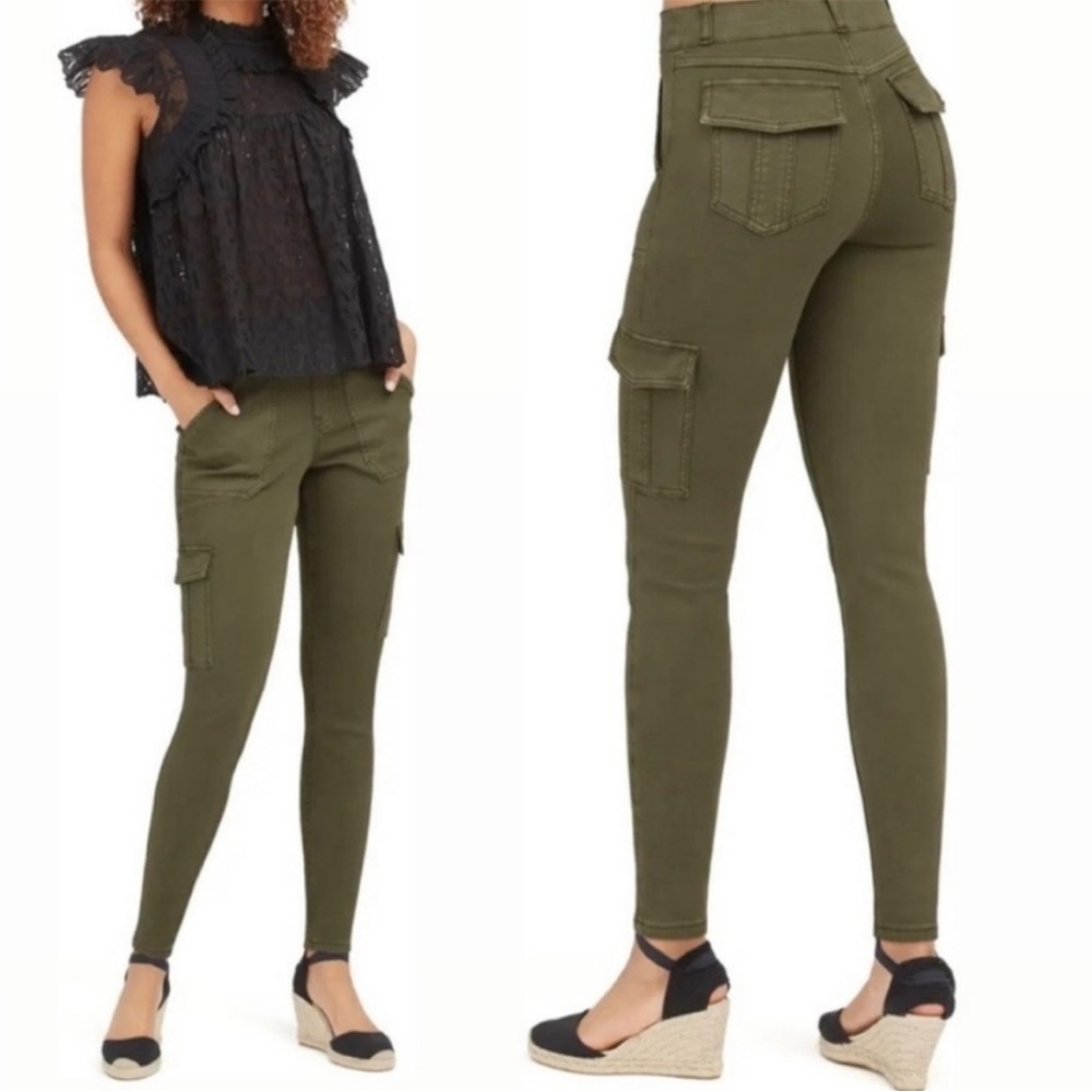 Spanx Stretch Twill Ankle Cargo Pant Utility Darkened Olive Size Large